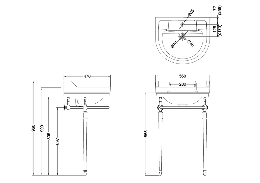 Burlington Afrundet Edwardian Håndvask m/kromstativ 56 mm