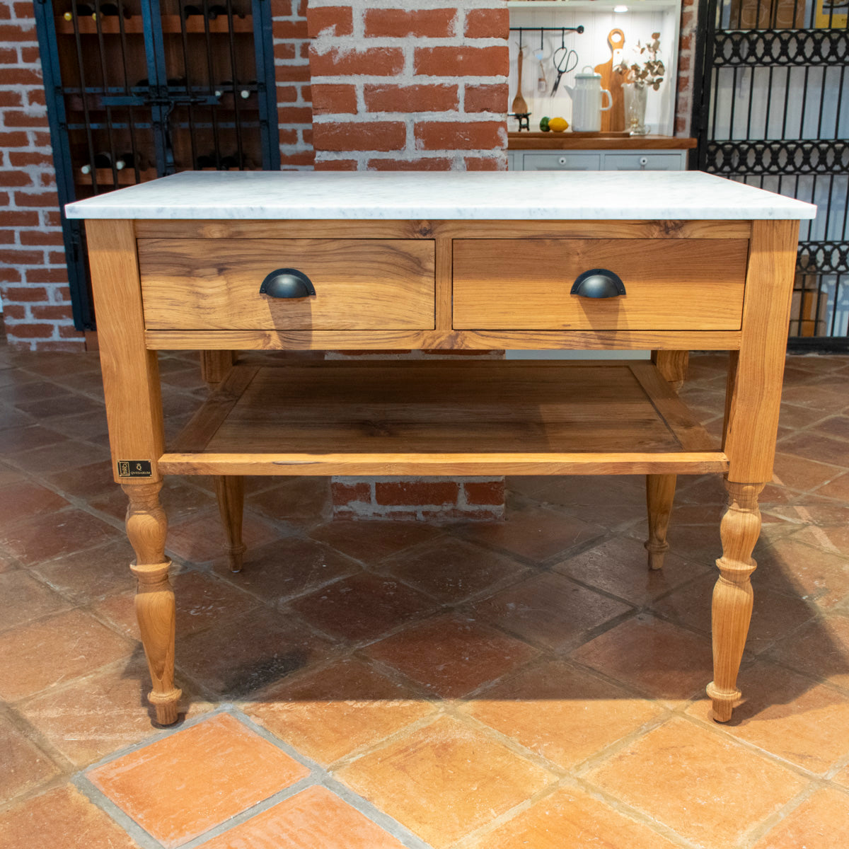 Køkkenø Edith i teak med marmorbordplade