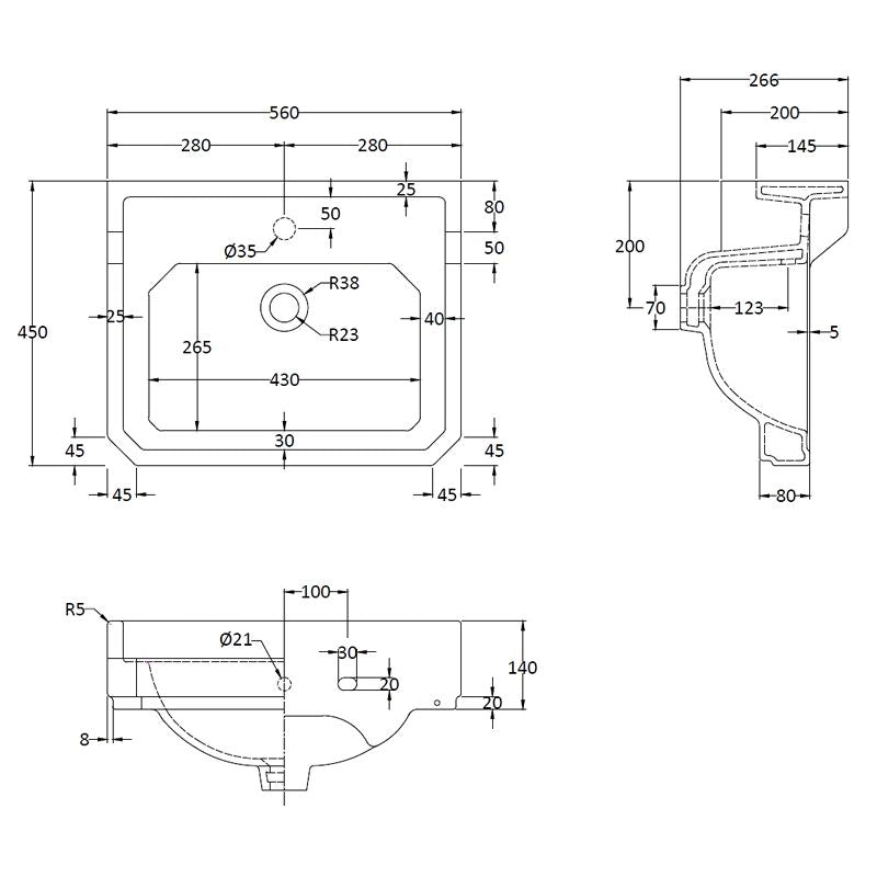 Tvättställ Fitzroy 56 Cm Med Piedestal - Ett Blandarhål