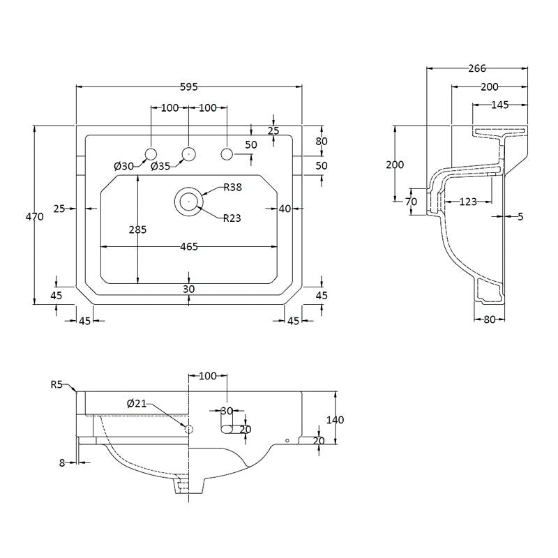 Tvättställ Fitzroy 60 Cm Med Förhöjd Piedestal - Tre Blandarhål