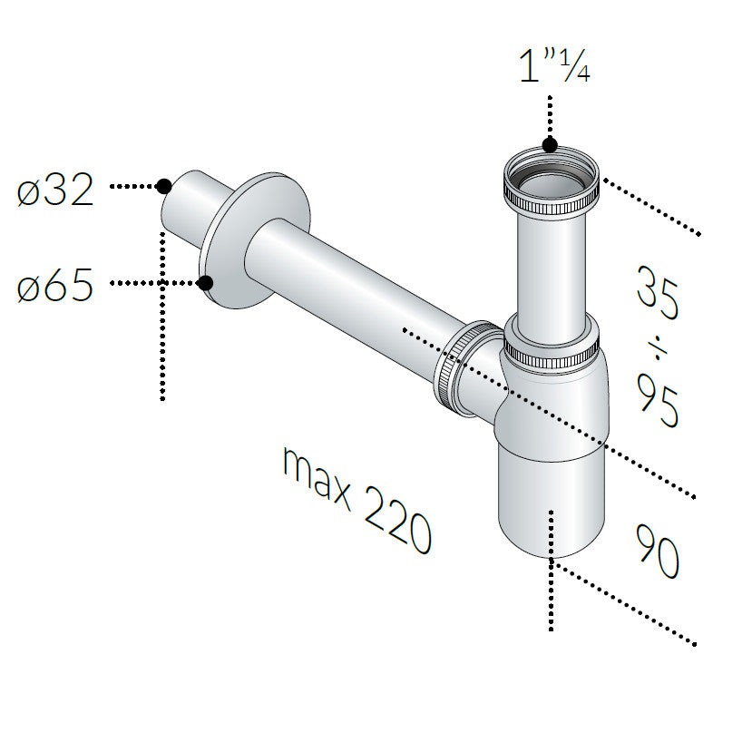 Vattenlås med väggrör i krom