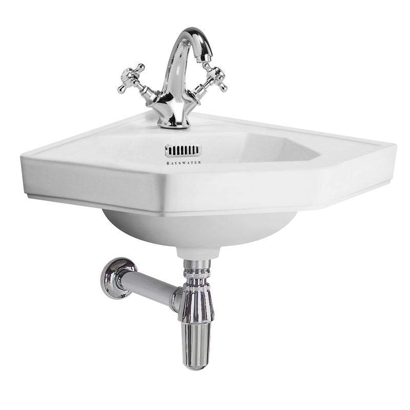 A stylish white sink with a chrome faucet, model Bayswater Fitzroy, measuring 42 cm.