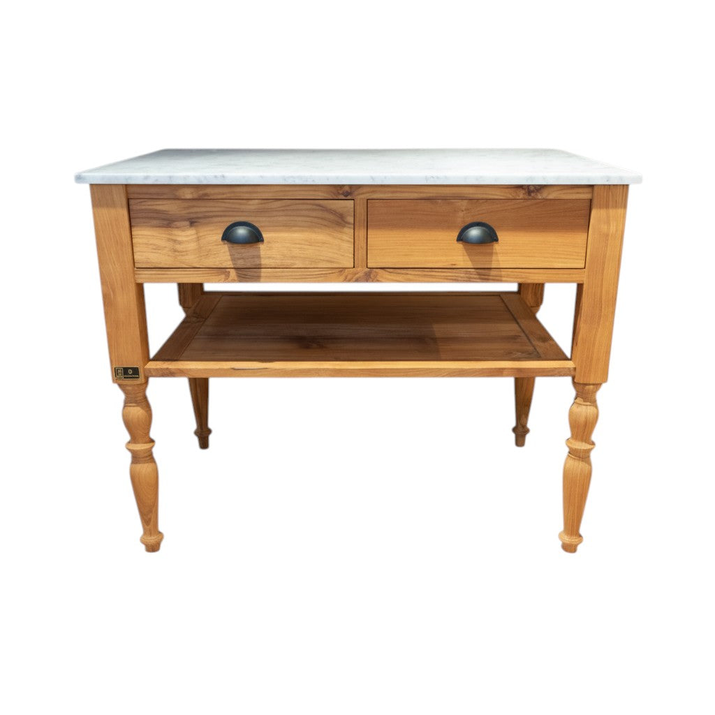 Kücheninsel Edith aus Teak mit Marmorplatte
