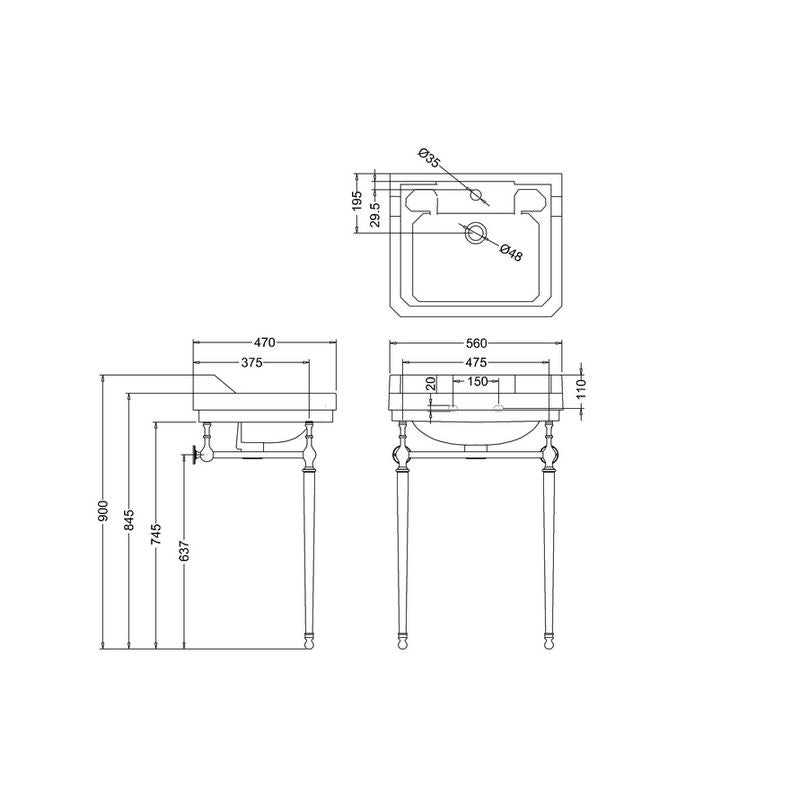 Håndvask 56 cm m/kromstativ Burlington
