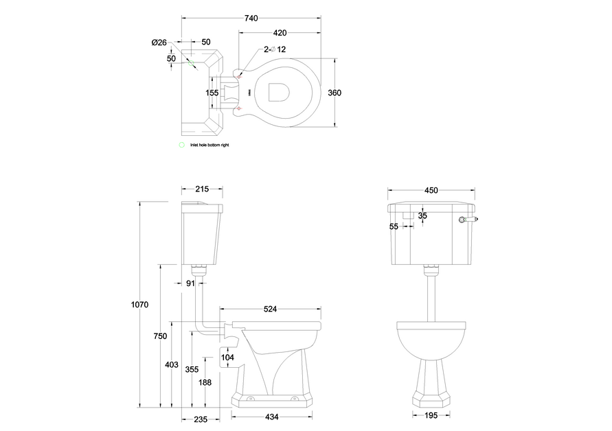 Burlington lavtskyllende toilet med vægmonteret cisterne hvid/guld