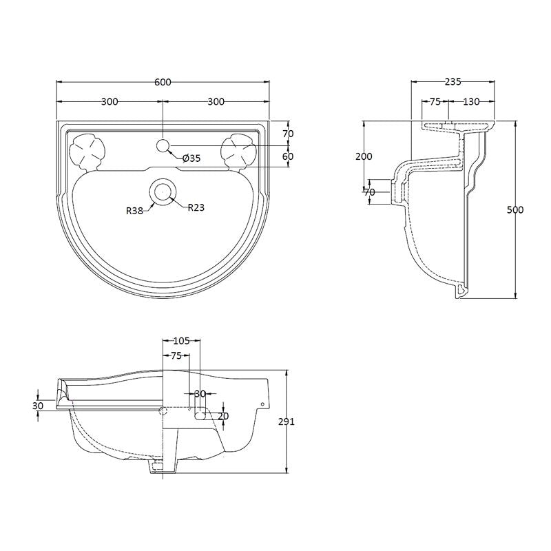 Porchester tvättställ med piedestal 60 cm