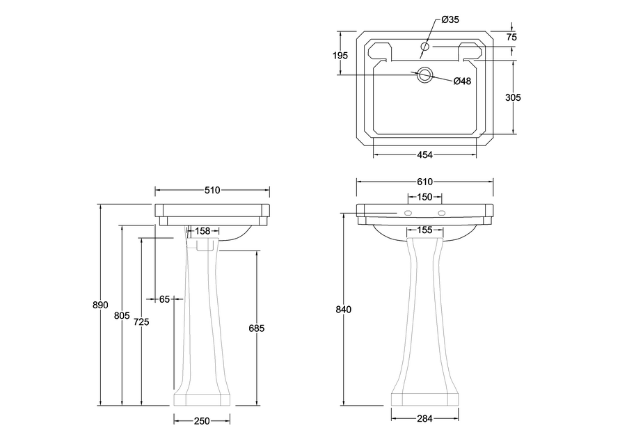 Burlington viktoriansk vask 61 cm med piedestal